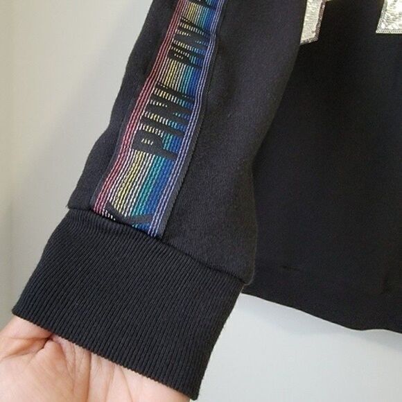 PINK Victoria's Secret Bling Logo Cowl Neck Rainbow Sleeve Sweatshirt Black XS - Picture 7 of 10